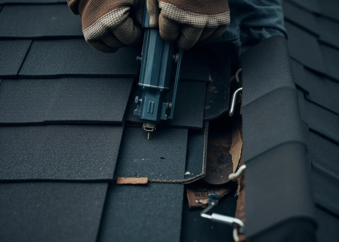 Close-up of hail damage on shingles